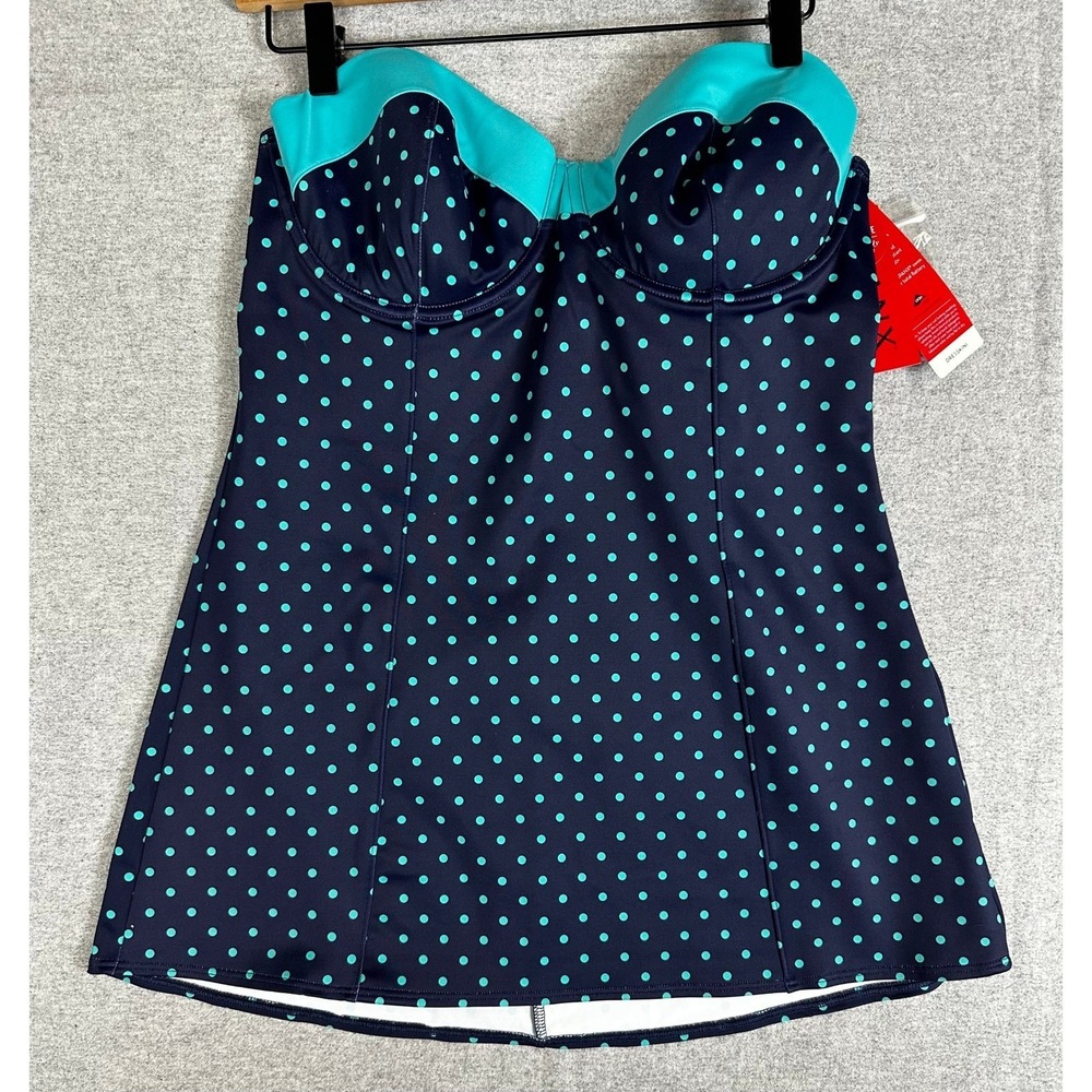 Spanx Retro Dresskini Top Womens 14 Navy Aqua NWT Polka Dot Underwire
